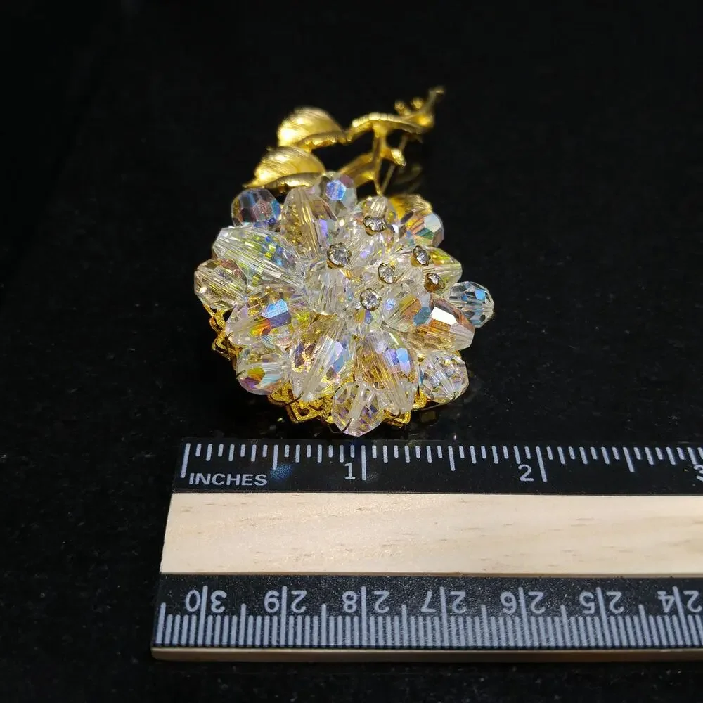 Vintage 1960s Crystal Beaded Flower Brooch, Gold Tone